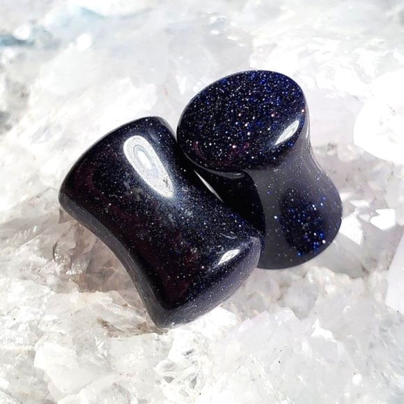 Blue Goldstone - Genuine Stone Double Flared Plug Earrings - Picture 1 of 5